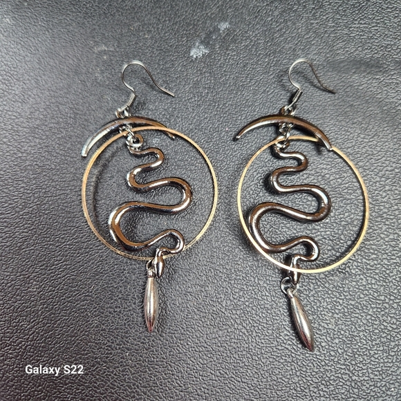 Korean Snake and Moon Hoop Earrings NWT - Picture 4 of 5